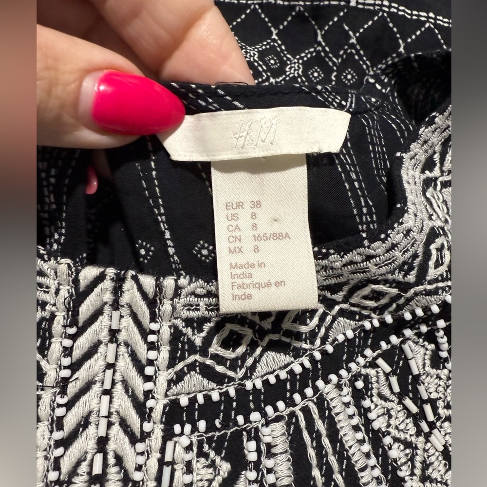 H&M Black White Beaded Top Boho Print Maxi Dress Sz 8 Summer Vacation Resort - Picture 10 of 11